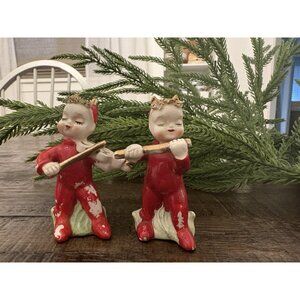 Little Red Devils Salt and Pepper Playing Violin and Flute Napco MCM 1950s 60s